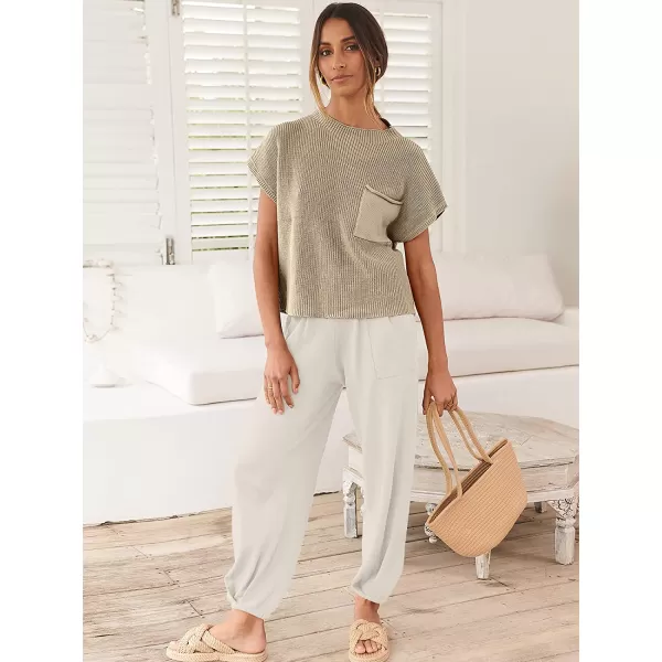 imageANRABESS Womens Two Piece Outfits Sweater Sets Knit Pullover Tops and High Waisted Pants Tracksuit Lounge SetsKhaki White