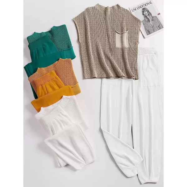 imageANRABESS Womens Two Piece Outfits Sweater Sets Knit Pullover Tops and High Waisted Pants Tracksuit Lounge SetsKhaki White