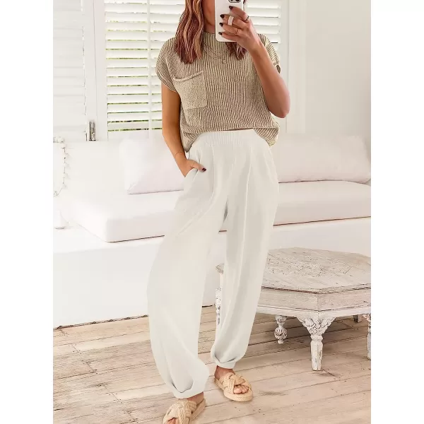 imageANRABESS Womens Two Piece Outfits Sweater Sets Knit Pullover Tops and High Waisted Pants Tracksuit Lounge SetsKhaki White