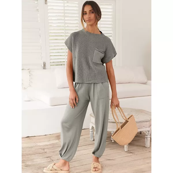 imageANRABESS Womens Two Piece Outfits Sweater Sets Knit Pullover Tops and High Waisted Pants Tracksuit Lounge SetsLight Grey