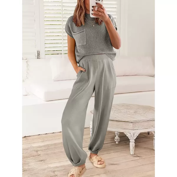 imageANRABESS Womens Two Piece Outfits Sweater Sets Knit Pullover Tops and High Waisted Pants Tracksuit Lounge SetsLight Grey
