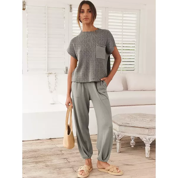 imageANRABESS Womens Two Piece Outfits Sweater Sets Knit Pullover Tops and High Waisted Pants Tracksuit Lounge SetsLight Grey