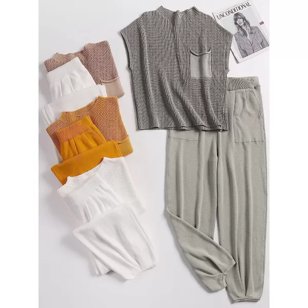 imageANRABESS Womens Two Piece Outfits Sweater Sets Knit Pullover Tops and High Waisted Pants Tracksuit Lounge SetsLight Grey