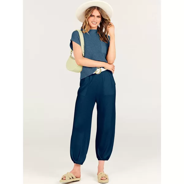 imageANRABESS Womens Two Piece Outfits Sweater Sets Knit Pullover Tops and High Waisted Pants Tracksuit Lounge SetsNavy Blue