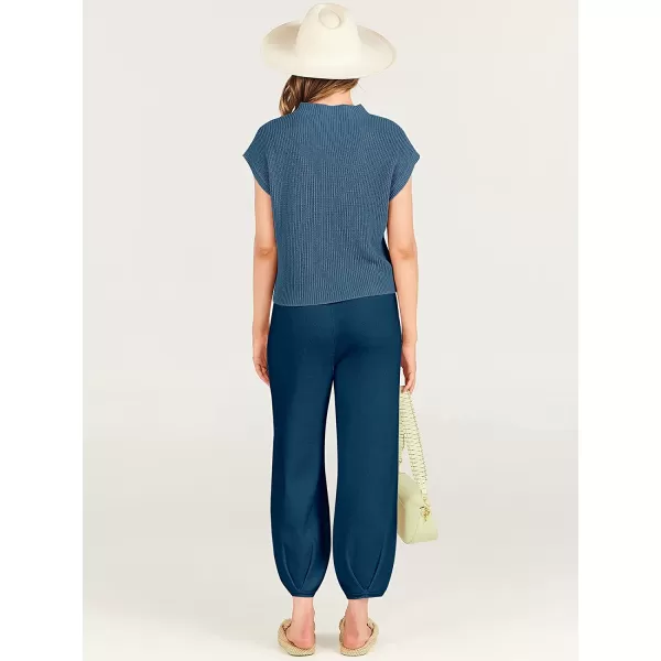 imageANRABESS Womens Two Piece Outfits Sweater Sets Knit Pullover Tops and High Waisted Pants Tracksuit Lounge SetsNavy Blue