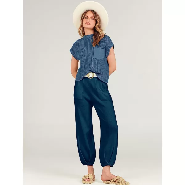 imageANRABESS Womens Two Piece Outfits Sweater Sets Knit Pullover Tops and High Waisted Pants Tracksuit Lounge SetsNavy Blue