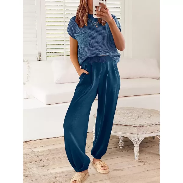 imageANRABESS Womens Two Piece Outfits Sweater Sets Knit Pullover Tops and High Waisted Pants Tracksuit Lounge SetsNavy Blue