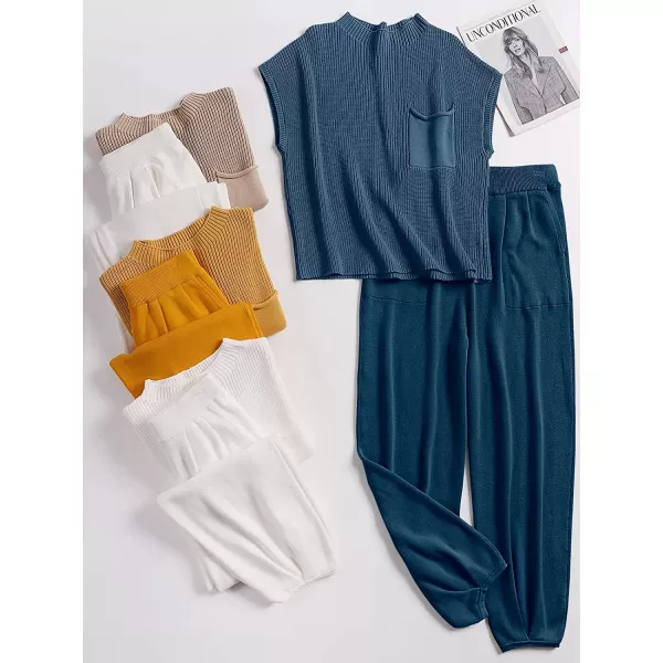 imageANRABESS Womens Two Piece Outfits Sweater Sets Knit Pullover Tops and High Waisted Pants Tracksuit Lounge SetsNavy Blue