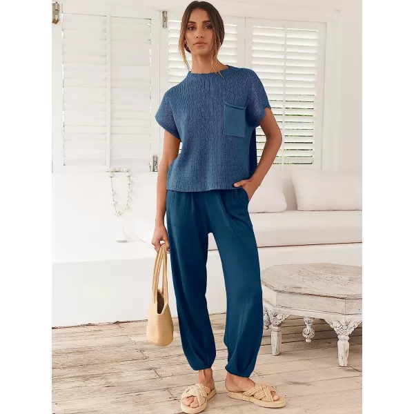 imageANRABESS Womens Two Piece Outfits Sweater Sets Knit Pullover Tops and High Waisted Pants Tracksuit Lounge SetsNavy Blue