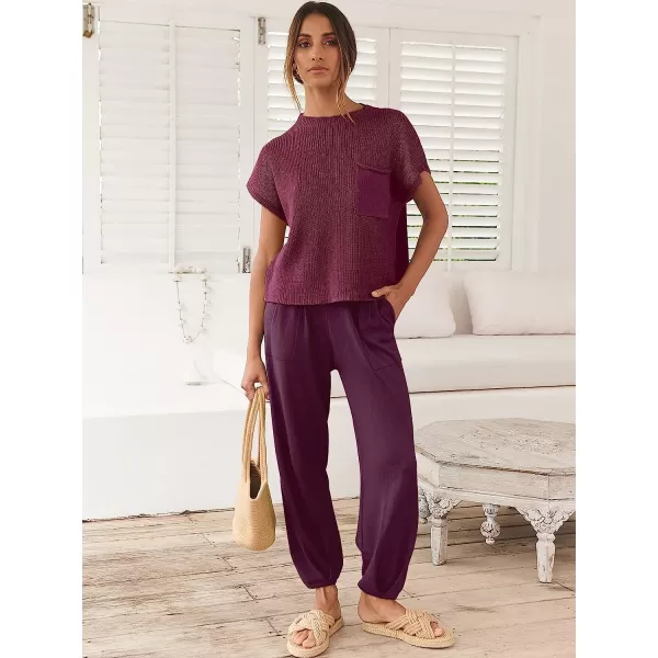 imageANRABESS Womens Two Piece Outfits Sweater Sets Knit Pullover Tops and High Waisted Pants Tracksuit Lounge SetsPurple