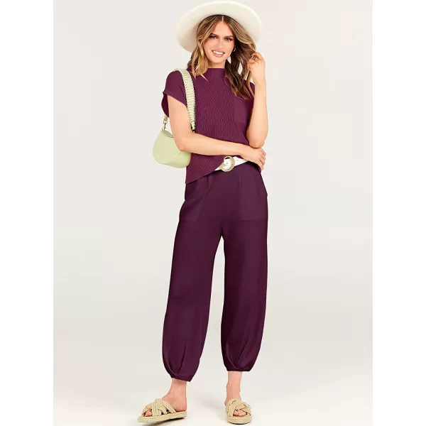 imageANRABESS Womens Two Piece Outfits Sweater Sets Knit Pullover Tops and High Waisted Pants Tracksuit Lounge SetsPurple