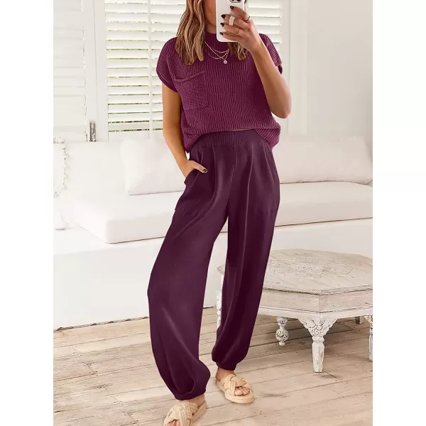 imageANRABESS Womens Two Piece Outfits Sweater Sets Knit Pullover Tops and High Waisted Pants Tracksuit Lounge SetsPurple