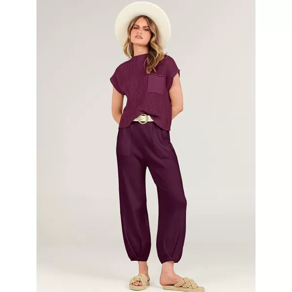 imageANRABESS Womens Two Piece Outfits Sweater Sets Knit Pullover Tops and High Waisted Pants Tracksuit Lounge SetsPurple