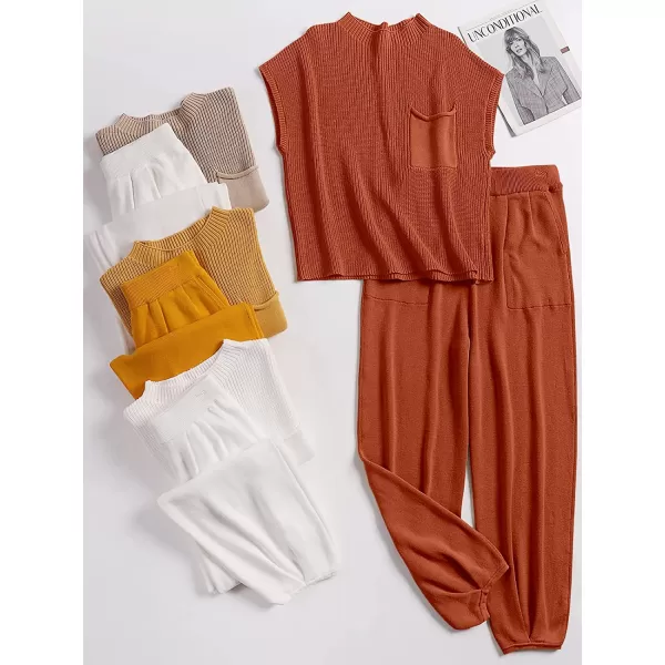 imageANRABESS Womens Two Piece Outfits Sweater Sets Knit Pullover Tops and High Waisted Pants Tracksuit Lounge SetsRust