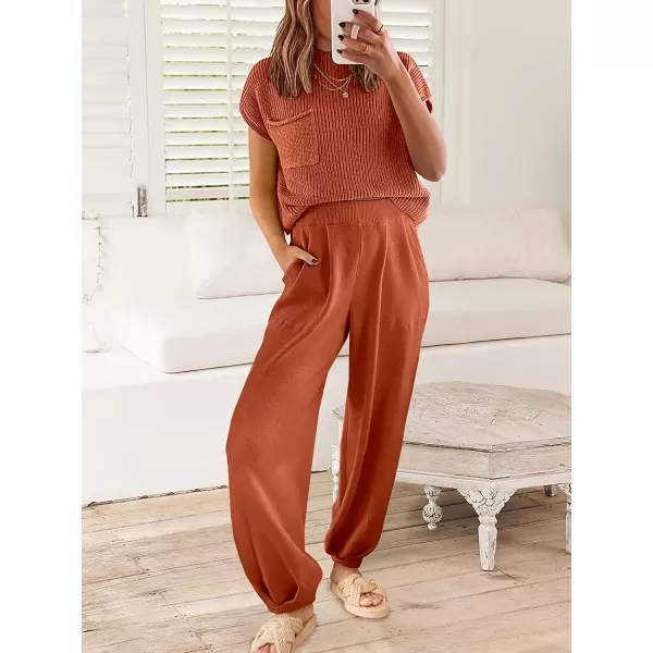 imageANRABESS Womens Two Piece Outfits Sweater Sets Knit Pullover Tops and High Waisted Pants Tracksuit Lounge SetsRust
