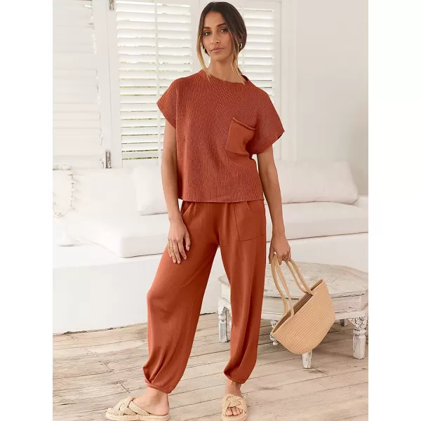 imageANRABESS Womens Two Piece Outfits Sweater Sets Knit Pullover Tops and High Waisted Pants Tracksuit Lounge SetsRust