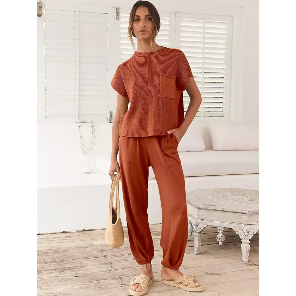 imageANRABESS Womens Two Piece Outfits Sweater Sets Knit Pullover Tops and High Waisted Pants Tracksuit Lounge SetsRust