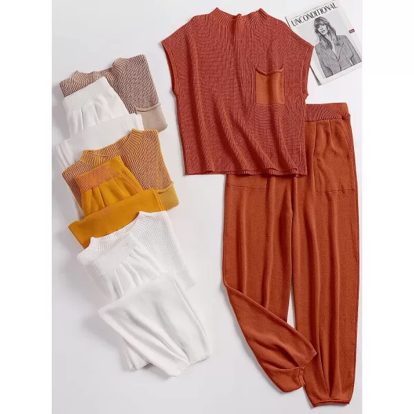 imageANRABESS Womens Two Piece Outfits Sweater Sets Knit Pullover Tops and High Waisted Pants Tracksuit Lounge SetsRust