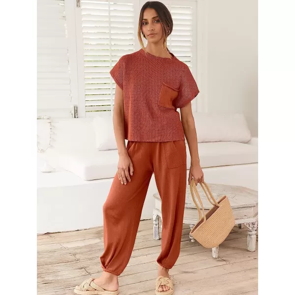 imageANRABESS Womens Two Piece Outfits Sweater Sets Knit Pullover Tops and High Waisted Pants Tracksuit Lounge SetsRust