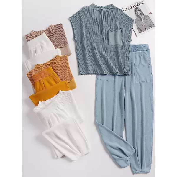 imageANRABESS Womens Two Piece Outfits Sweater Sets Knit Pullover Tops and High Waisted Pants Tracksuit Lounge SetsSky