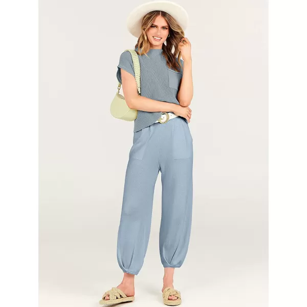imageANRABESS Womens Two Piece Outfits Sweater Sets Knit Pullover Tops and High Waisted Pants Tracksuit Lounge SetsSky