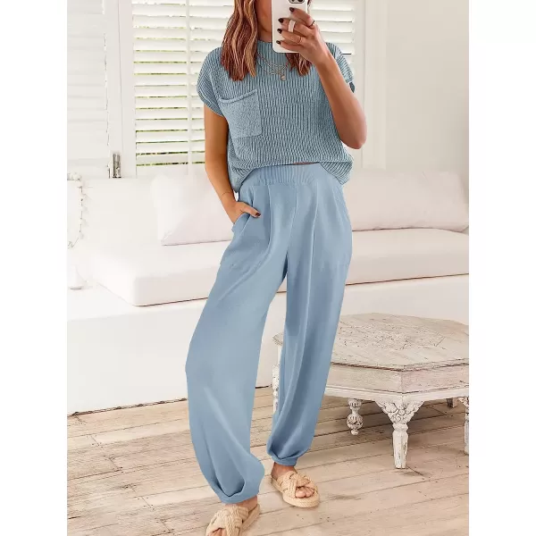 imageANRABESS Womens Two Piece Outfits Sweater Sets Knit Pullover Tops and High Waisted Pants Tracksuit Lounge SetsSky