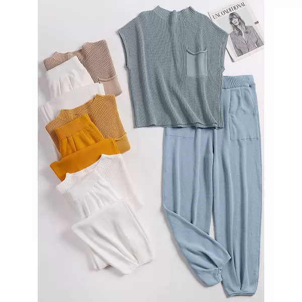 imageANRABESS Womens Two Piece Outfits Sweater Sets Knit Pullover Tops and High Waisted Pants Tracksuit Lounge SetsSky
