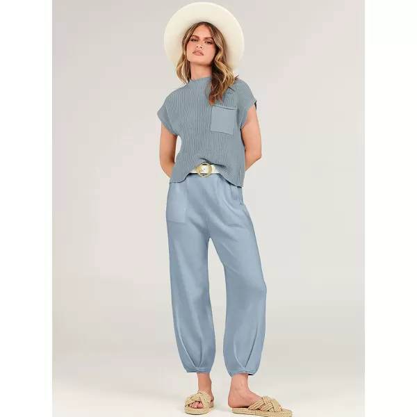 imageANRABESS Womens Two Piece Outfits Sweater Sets Knit Pullover Tops and High Waisted Pants Tracksuit Lounge SetsSky