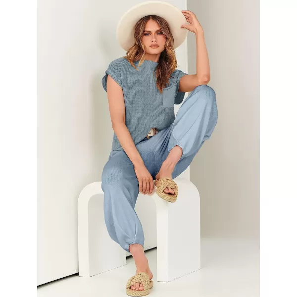imageANRABESS Womens Two Piece Outfits Sweater Sets Knit Pullover Tops and High Waisted Pants Tracksuit Lounge SetsSky