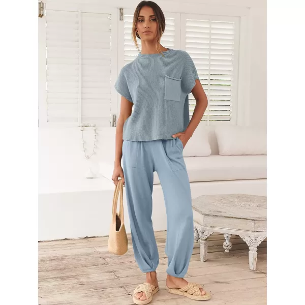 imageANRABESS Womens Two Piece Outfits Sweater Sets Knit Pullover Tops and High Waisted Pants Tracksuit Lounge SetsSky
