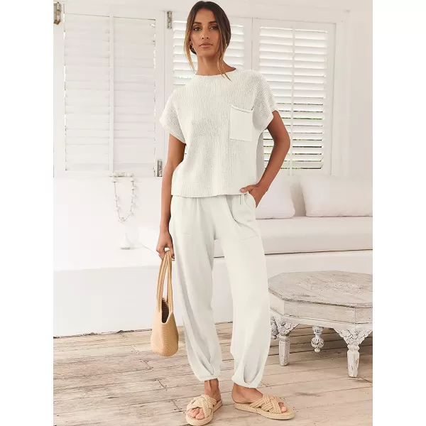 imageANRABESS Womens Two Piece Outfits Sweater Sets Knit Pullover Tops and High Waisted Pants Tracksuit Lounge SetsWhite