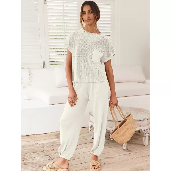 imageANRABESS Womens Two Piece Outfits Sweater Sets Knit Pullover Tops and High Waisted Pants Tracksuit Lounge SetsWhite