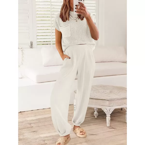 imageANRABESS Womens Two Piece Outfits Sweater Sets Knit Pullover Tops and High Waisted Pants Tracksuit Lounge SetsWhite