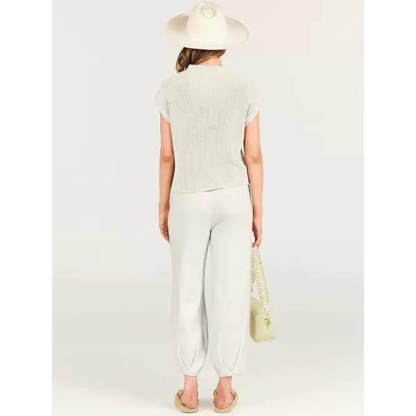 imageANRABESS Womens Two Piece Outfits Sweater Sets Knit Pullover Tops and High Waisted Pants Tracksuit Lounge SetsWhite