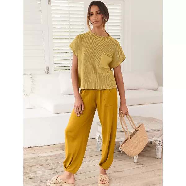 imageANRABESS Womens Two Piece Outfits Sweater Sets Knit Pullover Tops and High Waisted Pants Tracksuit Lounge SetsYellow