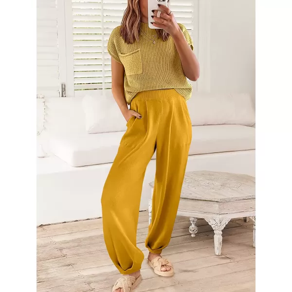 imageANRABESS Womens Two Piece Outfits Sweater Sets Knit Pullover Tops and High Waisted Pants Tracksuit Lounge SetsYellow