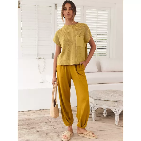 imageANRABESS Womens Two Piece Outfits Sweater Sets Knit Pullover Tops and High Waisted Pants Tracksuit Lounge SetsYellow