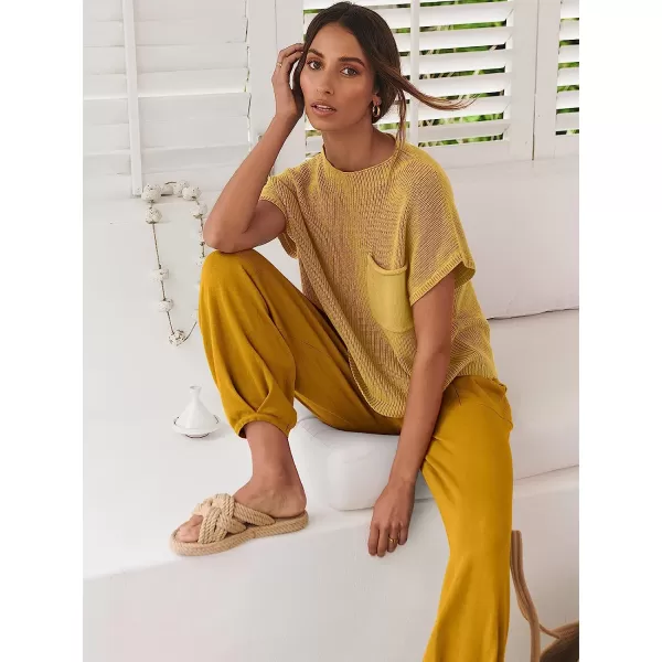 imageANRABESS Womens Two Piece Outfits Sweater Sets Knit Pullover Tops and High Waisted Pants Tracksuit Lounge SetsYellow