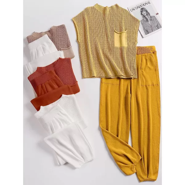 imageANRABESS Womens Two Piece Outfits Sweater Sets Knit Pullover Tops and High Waisted Pants Tracksuit Lounge SetsYellow