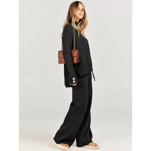 imageANRABESS Womens Two Piece Outfits Sweater Sets Long Sleeve Knit Pullover and Wide Leg Pants Lounge SetsBlack