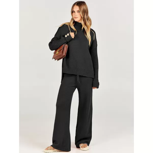 imageANRABESS Womens Two Piece Outfits Sweater Sets Long Sleeve Knit Pullover and Wide Leg Pants Lounge SetsBlack