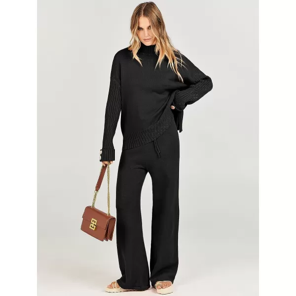 imageANRABESS Womens Two Piece Outfits Sweater Sets Long Sleeve Knit Pullover and Wide Leg Pants Lounge SetsBlack