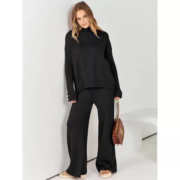 imageANRABESS Womens Two Piece Outfits Sweater Sets Long Sleeve Knit Pullover and Wide Leg Pants Lounge SetsBlack