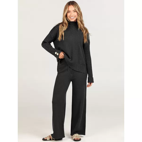 imageANRABESS Womens Two Piece Outfits Sweater Sets Long Sleeve Knit Pullover and Wide Leg Pants Lounge SetsBlack