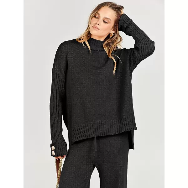 imageANRABESS Womens Two Piece Outfits Sweater Sets Long Sleeve Knit Pullover and Wide Leg Pants Lounge SetsBlack
