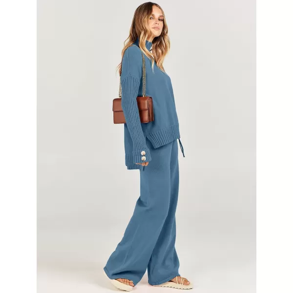 imageANRABESS Womens Two Piece Outfits Sweater Sets Long Sleeve Knit Pullover and Wide Leg Pants Lounge SetsBlue