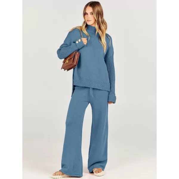 imageANRABESS Womens Two Piece Outfits Sweater Sets Long Sleeve Knit Pullover and Wide Leg Pants Lounge SetsBlue