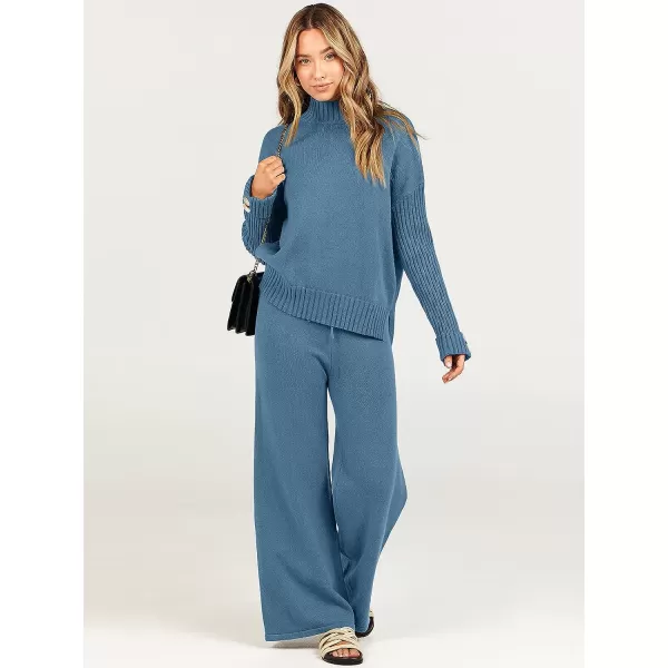 imageANRABESS Womens Two Piece Outfits Sweater Sets Long Sleeve Knit Pullover and Wide Leg Pants Lounge SetsBlue