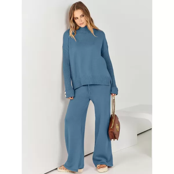 imageANRABESS Womens Two Piece Outfits Sweater Sets Long Sleeve Knit Pullover and Wide Leg Pants Lounge SetsBlue