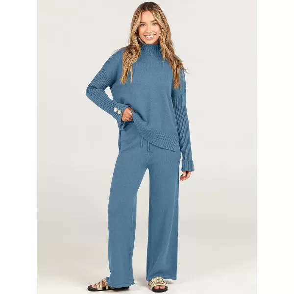 imageANRABESS Womens Two Piece Outfits Sweater Sets Long Sleeve Knit Pullover and Wide Leg Pants Lounge SetsBlue